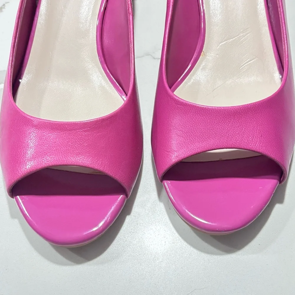 Cole Haan Women's Hot Pink Matte Finish Peep Toe Wedge Heels Cork Pumps Size 7.5